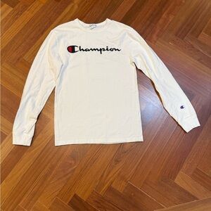 Champion White Tee with Blue and Red Logo Tag